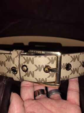 Michael Kors Beige Signature Logo Belt with Gold Buckle